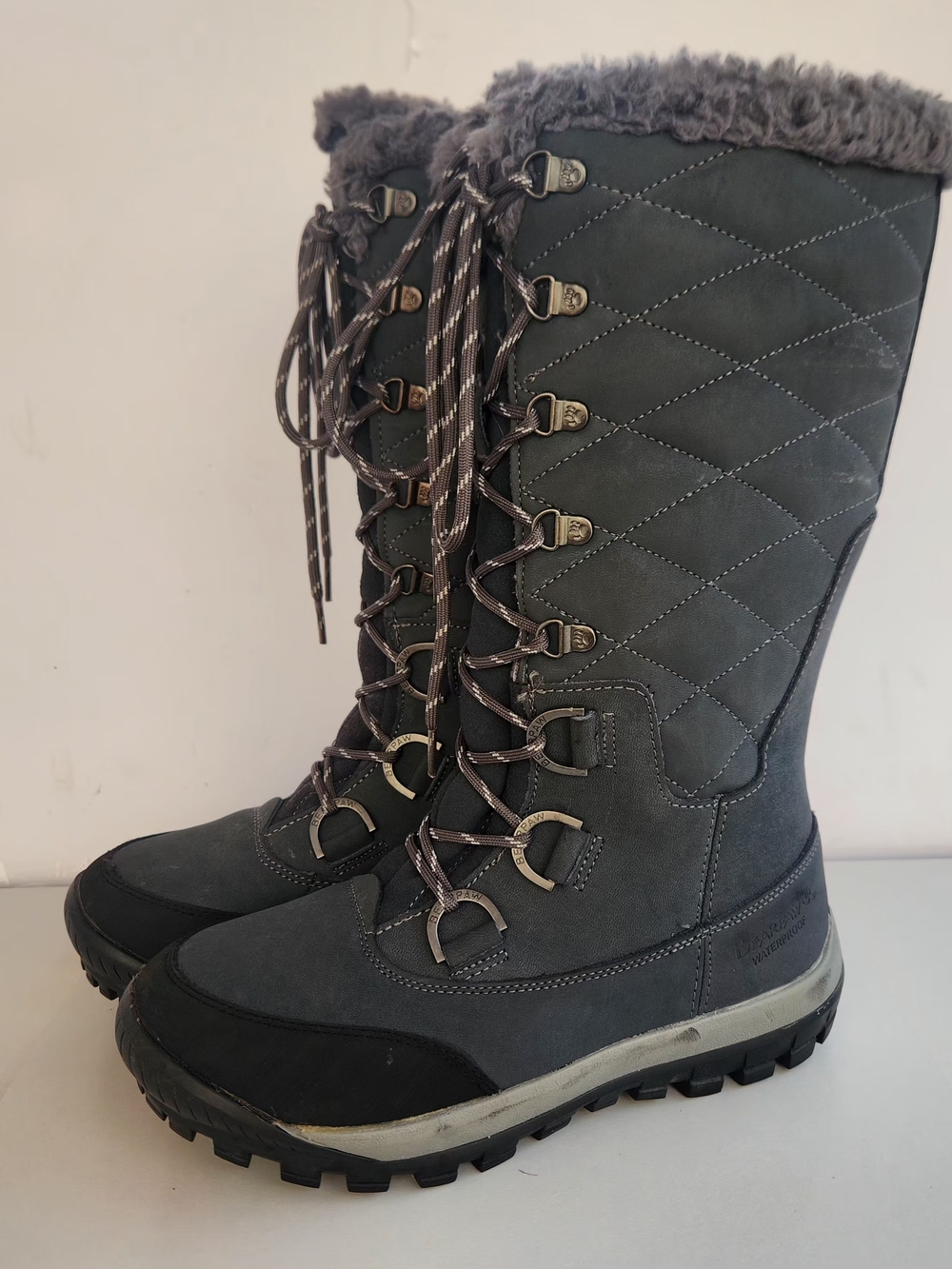 BearPaw Gray Quilted Lace-Up Winter Boots with Faux Fur Collar